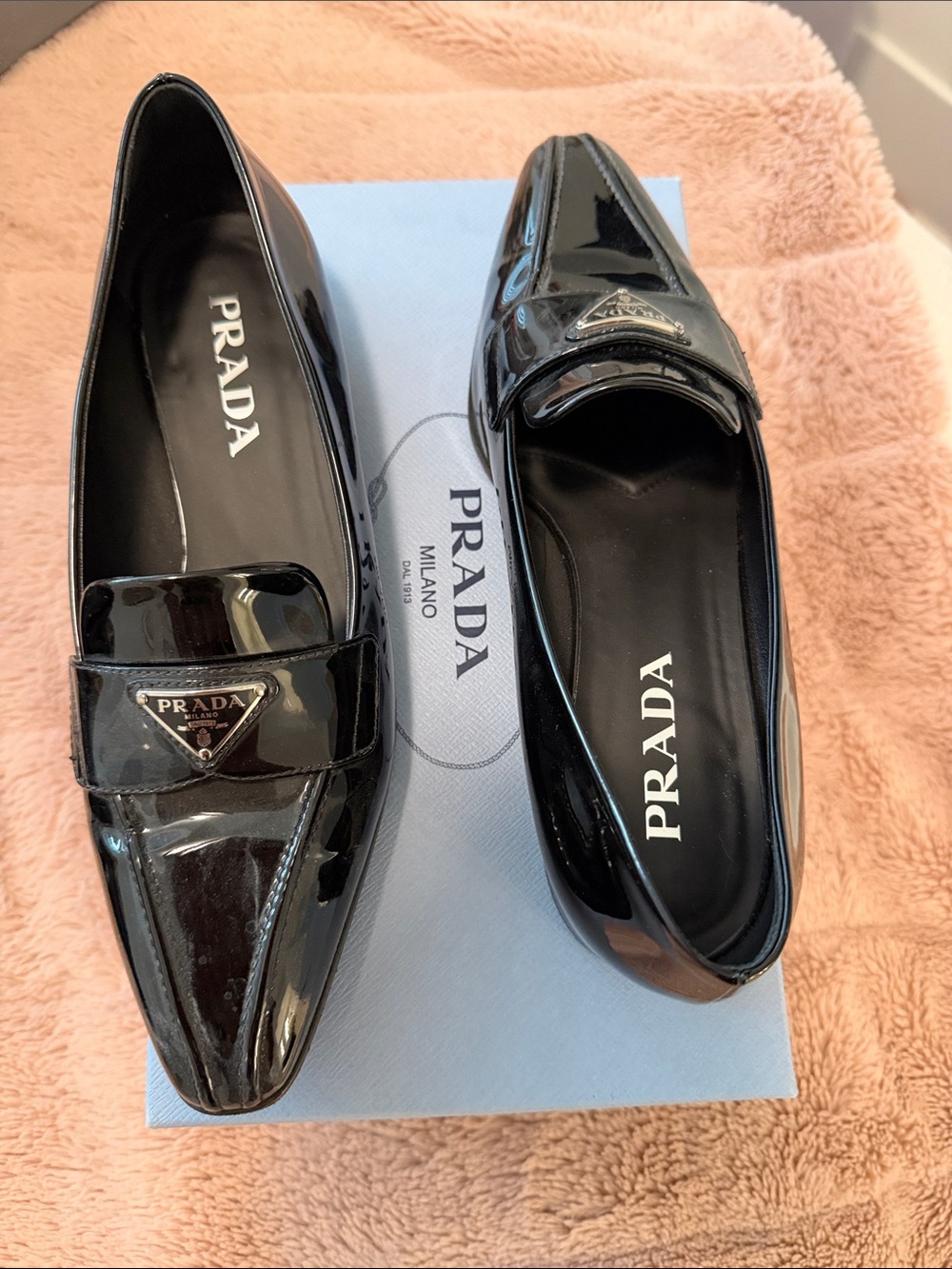 Prada Black Patent Leather Loafers with Triangle Logo Accent